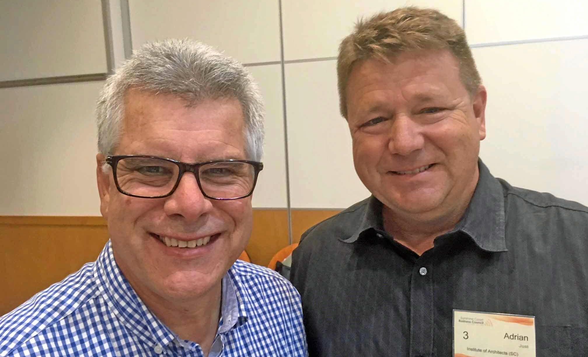 Sunshine Coast Airport's Peter Pallot with Adrian Just of Australian Institute of Architects at the Sunshine Coast Business Council Strategic Direction Discussion 2018 at Ramada Marcoola Resort. Picture: Erle Levey