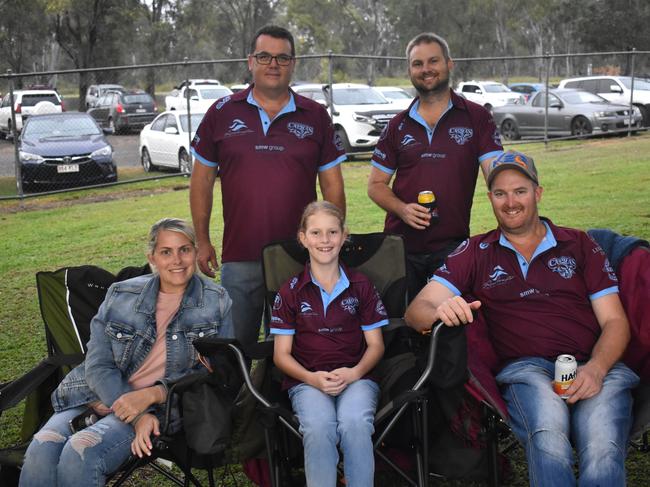 Peter Kluver and Matt Sleaford (back) with Sarah Muggeridge, Lara Pearce and Chris Pearce at the CQ Capras game against the Ipswich Jets in Round 12 of the Hostplus Cup at Rugby Park, Rockhampton, on June 1, 2024.
