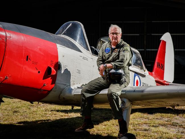 25/3/2020 SA WEEKEND Jim Whalley pictured with one of his planes a de Havilland Chipmunk in Woodside. Jim is the state's chief entrepreneur and an ex_RAAF pilot. Picture MATT TURNER.