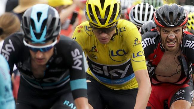 Chris Froome, in yellow, rides in the peloton during Stage 19 of the Tour de France. Picture: Chris Graythen (Getty Images)