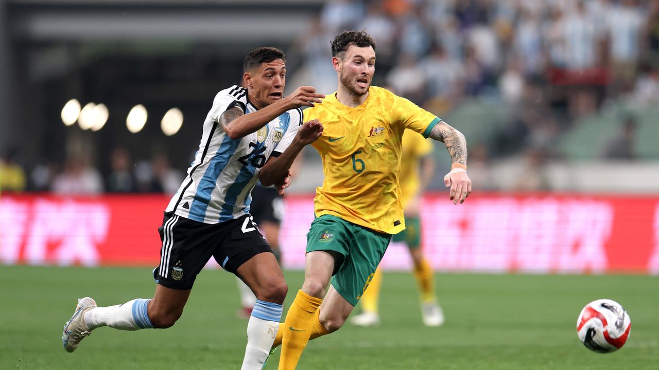 Aiden O'Neill (right) is hoping for game time for the Socceroos on Thursday night against Bahrain. Picture: Lintao Zhang/Getty Images