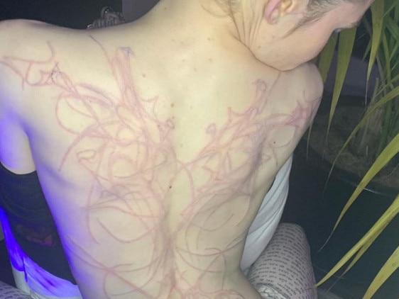 Grimes shows off her new back tattoo.