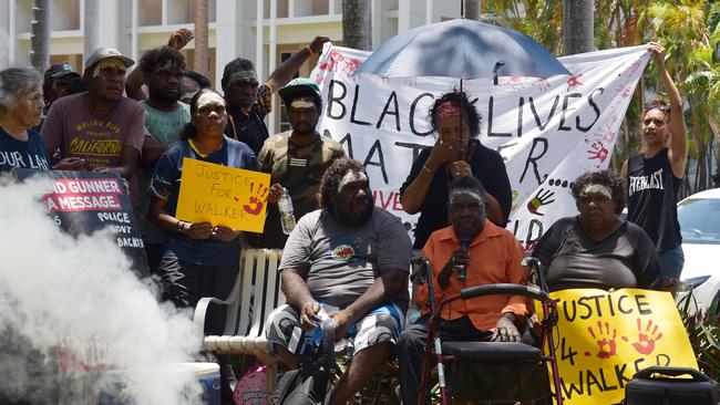 Geoffrey Jungarrayi Barnes, a relative of Kumanjayi Walker, speaks during a rally in Darwin. Picture: AAP