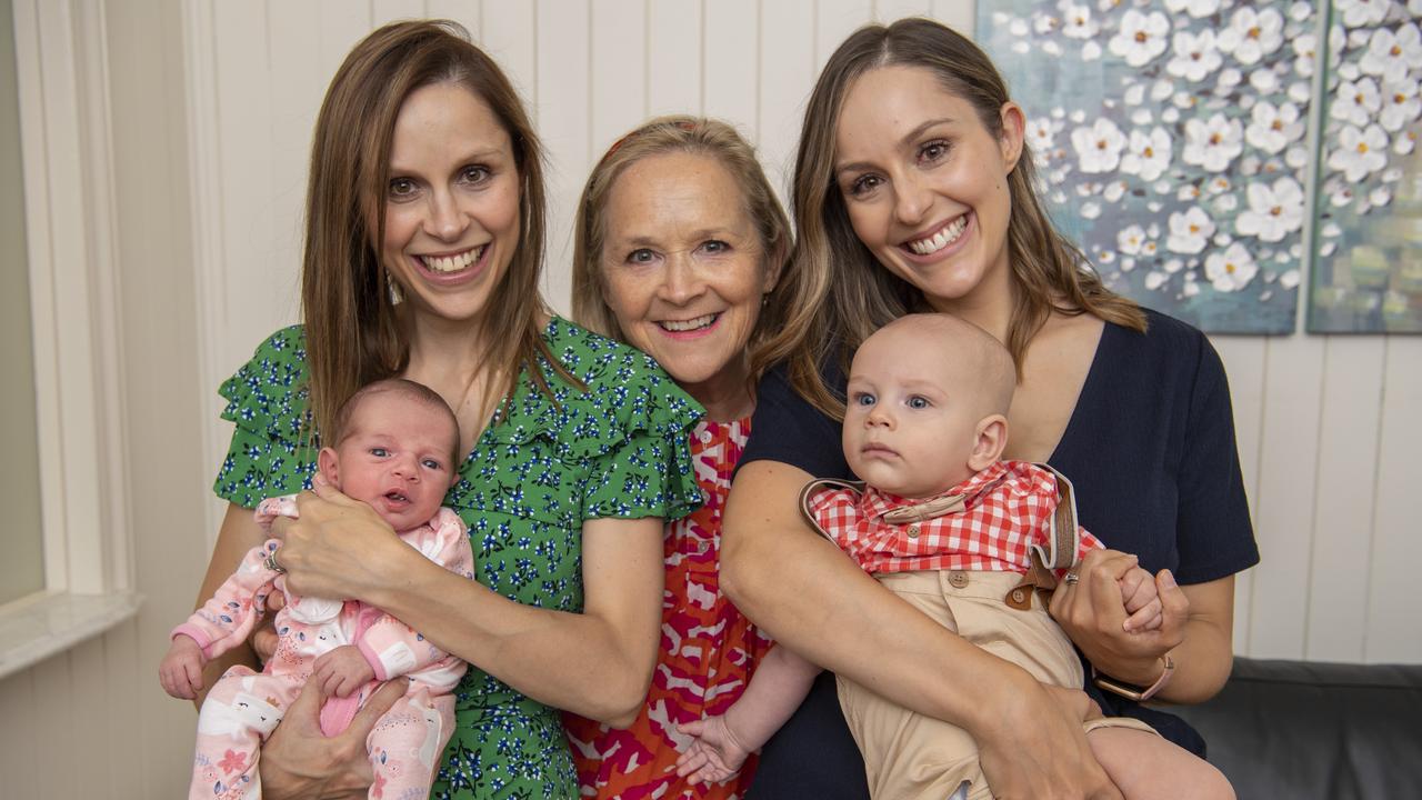 Celebrating the birth of their babies are (from left) Lauren Hess with baby Lacey, the twin’s mother Jayne Herring and Carly Fowler with baby Liam. Picture: Nev Madsen