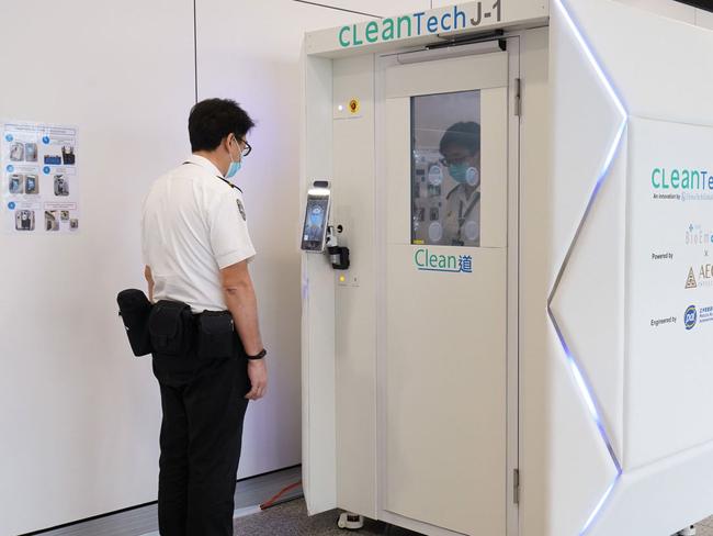 The airport is also trialling a service called CLeanTech, which is a full body disinfection facility. Picture: Airport Authority Hong Kong.