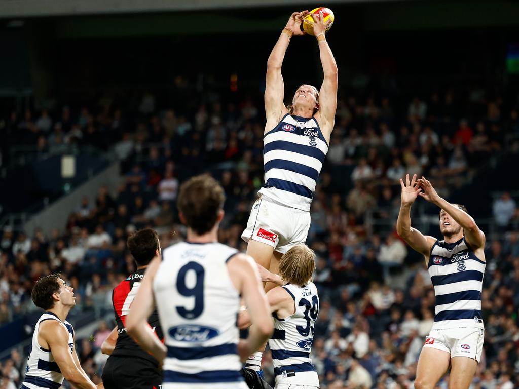 Sam De Koning shows off his leap. Picture: Michael Willson/AFL Photos via Getty Images