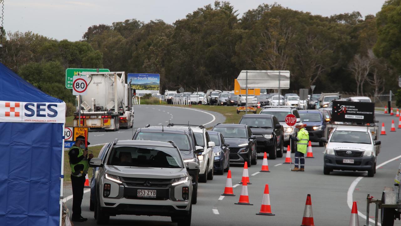 The hard border and long Queues return to the Qld NSW border on the Gold Coast. Long Queues on the Gold Coast highway atCoolangatta. Picture: Glenn Hampson.