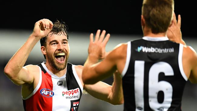 CAIRNS, AUSTRALIA - APRIL 30: Daniel McKenzie of the Saints celebrates kicking a goal during the round seven AFL match between the St Kilda Saints and the Port Adelaide Power at Cazaly's Stadium on April 30, 2022 in Cairns, Australia. (Photo by Albert Perez/AFL Photos via Getty Images)