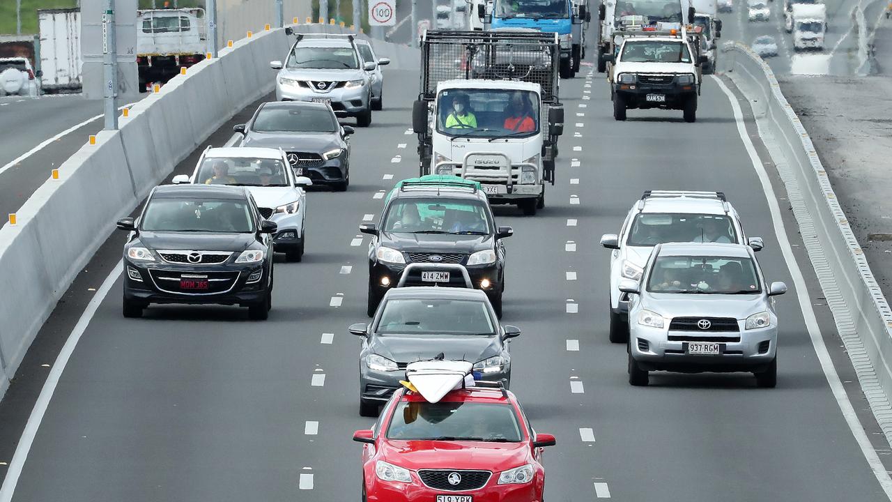 Holiday-makers leave Brisbane heading towards the Gold Coast after the end of a three-day lockdown. Picture: Liam Kidston.