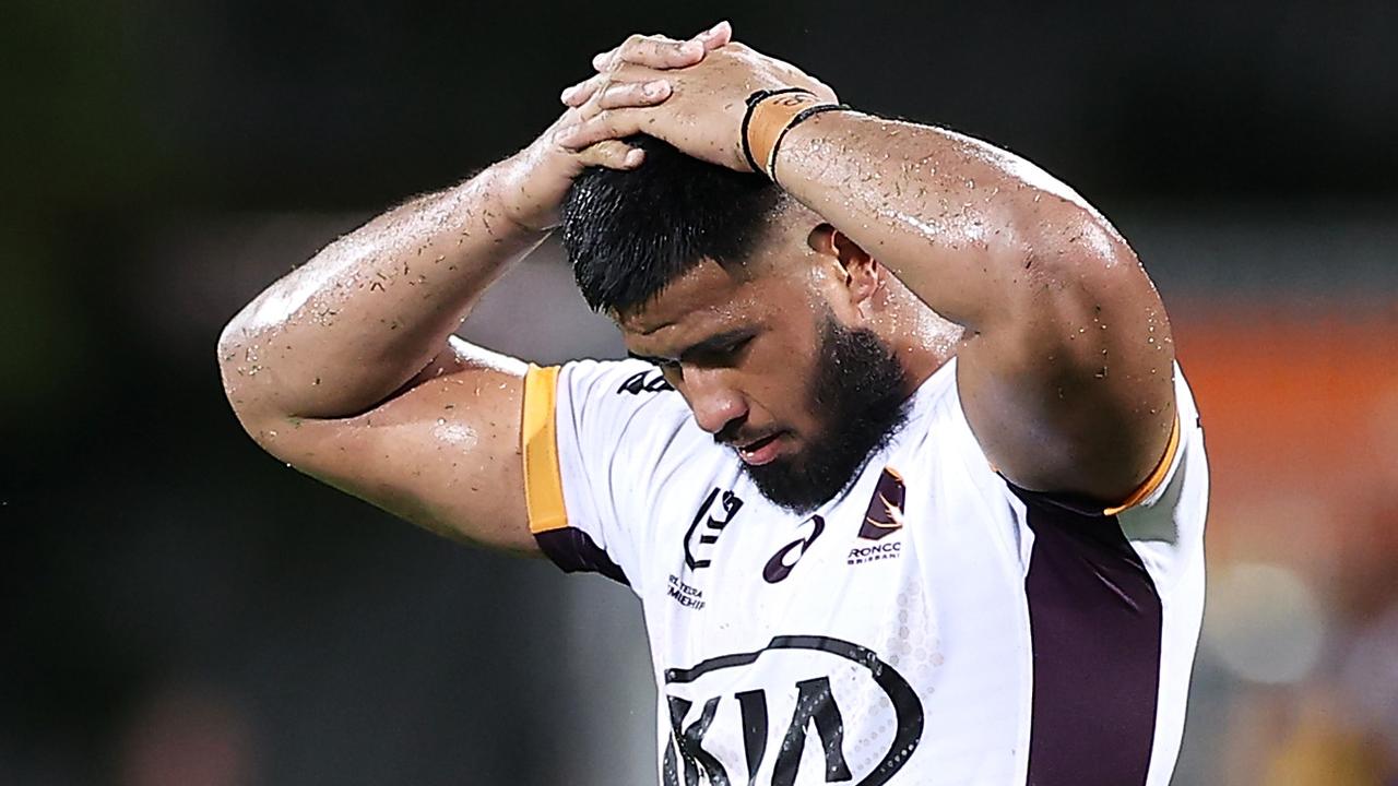 DARWIN, AUSTRALIA - APRIL 23: Payne Haas of the Broncos reacts after losing the round seven NRL match between the Parramatta Eels and the Brisbane Broncos at TIO Stadium on April 23, 2021, in Darwin, Australia. (Photo by Mark Kolbe/Getty Images)