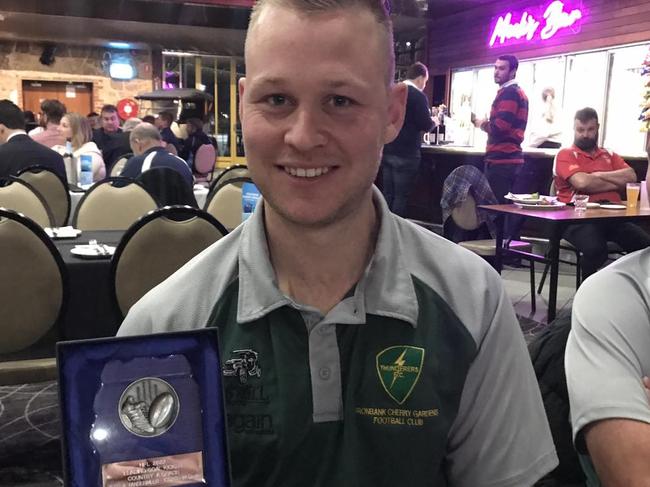 Ironbank champion full forward Josh Vandermeer with his league-leading goalkicker gong. Picture: Ironbank Cherry Gardens Football Club