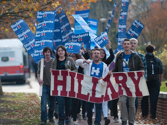 A group of Penn State students march through campus imploring voters to cast their ballots for Hillary Clinton in the presidential election on November 8, 2016 in State College, Pennsylvania. Picture: Jeff Swensen/Getty Images/AFP