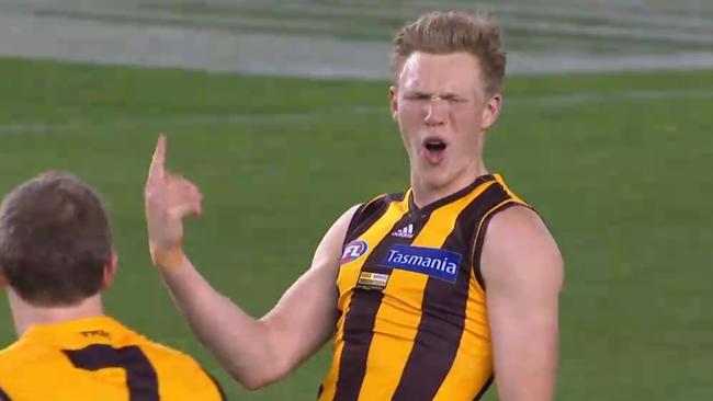 James Sicily celebrating his goal against the Bulldogs. Picture: Channel 7