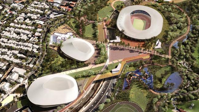 A view of the proposed Brisbane Stadium, top, and new National Aquatic Centre, centre, and Brisbane Arena, bottom left, at Victoria Park, in the Arcadis Victoria Park Strategic Plan for the 2032 Brisbane Olympic Games.