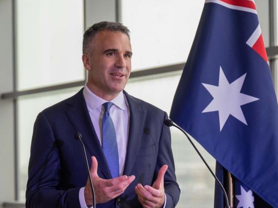 Premier Peter Malinauskas and UK Defence Procurement Minister Alex Chalk at the Barrow-in-Furness nuclear submarine shipyard operated by BAE Systems. Picture: Paul Starick