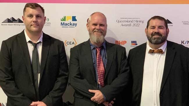 (From left to right) Matt Bethel, Grant Oâ€™Dea and Mick Storch at the MECC on July 20 for the 2022 Queensland Mining Awards.