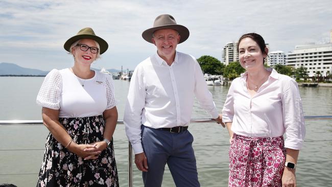 Labor candidate for Leichhardt Elida Faith, Federal opposition leader Anthony Albanese and Shadow Environment and Water Minister Terri Butler in Cairns. Picture: Brendan Radke