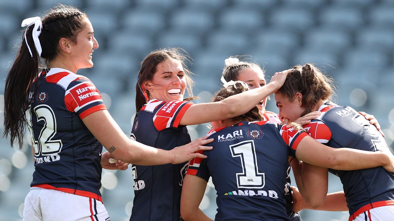 Jessica Sergis of the Roosters celebrates a try. Picture: Brendon Thorne/Getty Images