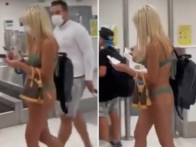 A woman was filmed strolling through a US airport wearing nothing but a bikini and face mask. Picture: Instagram