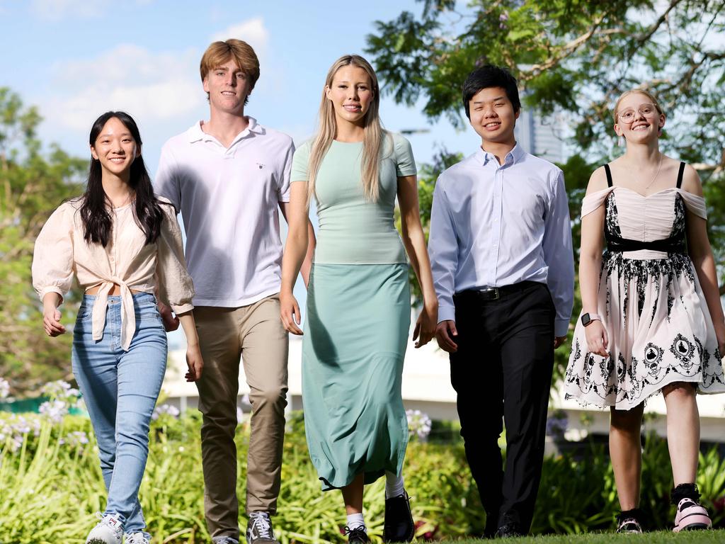 Chanel Li 17, Harry Sheppard 17, Kate Sanderson 18, Chun Tsung Lee 17, Laura Webb 17 were all named as Queensland’s top students. Photo Steve Pohlner