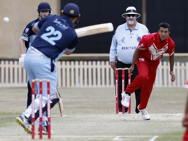 St George’s Manraj Kahlon after bowling to Kobey Freer. Picture: John Appleyard