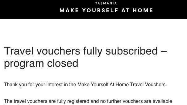 Travel vouchers for the Make Yourself At Home scheme were drained by 8.04pm after the portal opened at 7pm September 30. SOURCE: SUPPLIED.