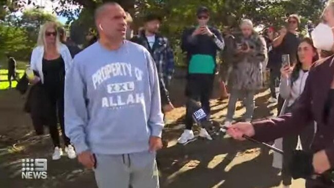 Former boxer Anthony Mundine at the Freedom Rally in Sydney. Picture: 9NEWS