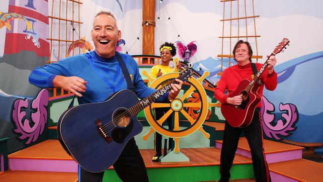 Members of Australian children's music group The Wiggles (L-R): founding Blue Wiggle Anthony Field, new Yellow Wiggle Tsehay Hawkins and original Red Wiggle Murray Cook. Picture: Jane Dempster