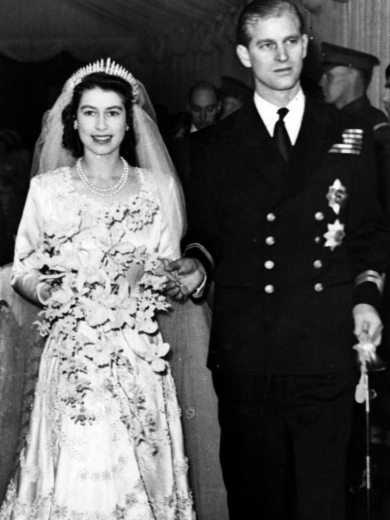 Queen Elizabeth II in the same tiara during her wedding to Prince Philip Duke of Edinburgh on November 20, 1947. Picture: Central Press