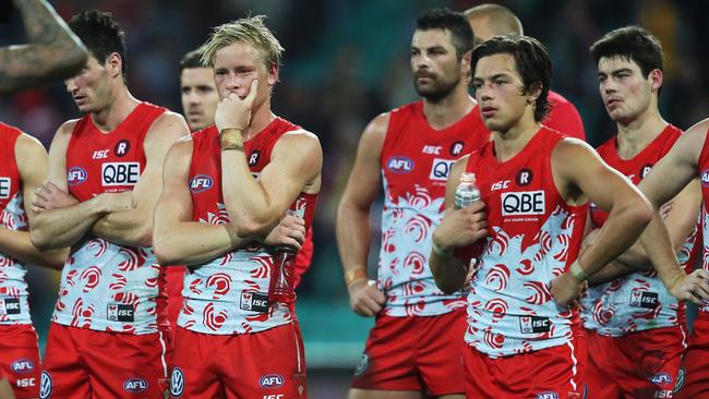 Disappointed Sydney players, including Isaac Heeny, after the loss to Hawthorn. Picture: Phil Hillyard