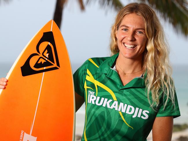 ***Images are strictly embargoed for Wednesday, March 17, 2021 papers and not to go online before 11am *** Champion surfer Stephanie Gilmore unveils the national surf team's new identity, the Irukandji, at Snapper Rocks, Queensland. Pictures: Chris Hyde/Getty Images.