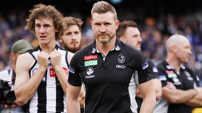 MELBOURNE, VICTORIA - SEPTEMBER 29: Magpies head coach Nathan Buckley look dejected after defeat after their defeat during the 2018 AFL Grand Final match between the Collingwood Magpies and the West Coast Eagles at Melbourne Cricket Ground on September 29, 2018 in Melbourne, Australia. (Photo by Michael Dodge/AFL Media/Getty Images)