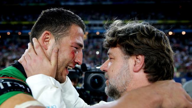 Sam Burgess with Russell Crowe after winning the 2014 NRL Grand Final. Picture: Gregg Porteous