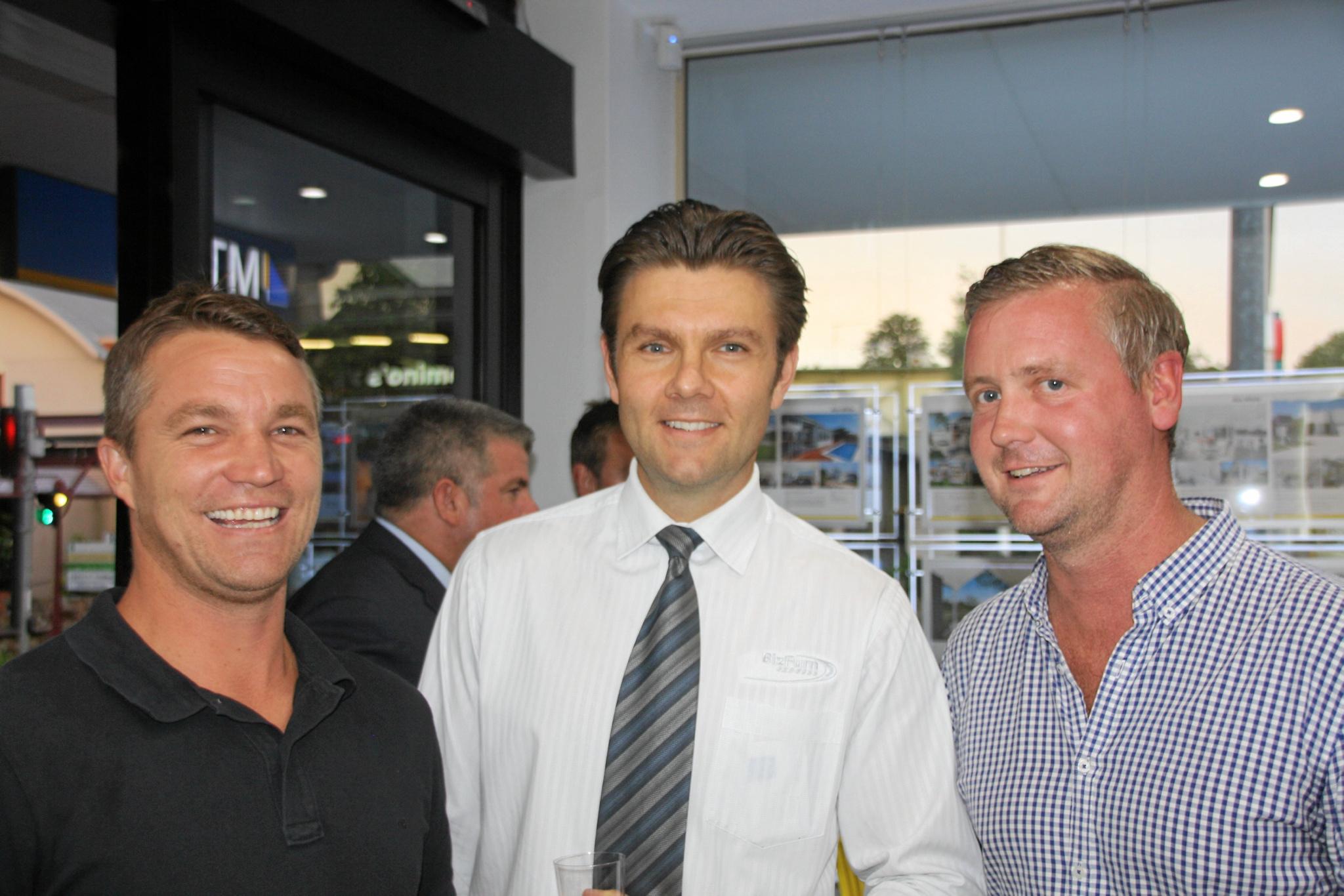 Duncan Holman, Micah Drever and Barry Blair at the celebration of the new Ray White office in Burnett St, Buderim.Photo Erle Levey / Sunshine Coast Daily. Picture: Erle Levey