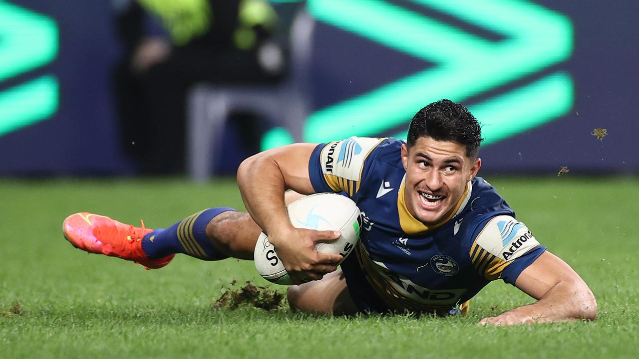 Dylan Brown of the Eels scores a try during the round nine NRL match between the Parramatta Eels and the Sydney Roosters at Bankwest Stadium on May 07, 2021, in Sydney, Australia. Picture: Cameron Spencer/Getty Images