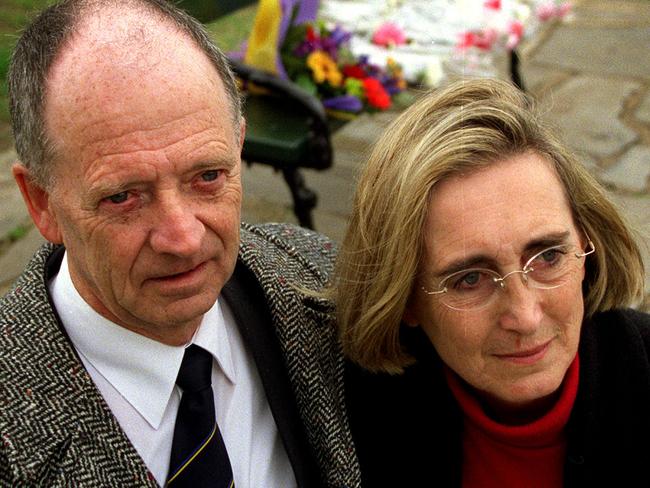 Kirste’s parents Greg and Christine Gordon attend a 2002 memorial for their missing daughter. Picture: Supplied