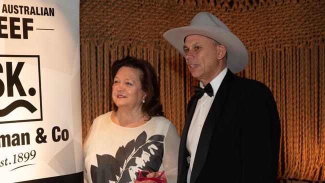 Gina Rinehart, Chairman of Hancock Agriculture with Adam Giles, CEO of Hancock Agriculture at Meat and Wine restaurant in Mayfair, London during an event. 26th June 2023. Picture: Lionel Derimais