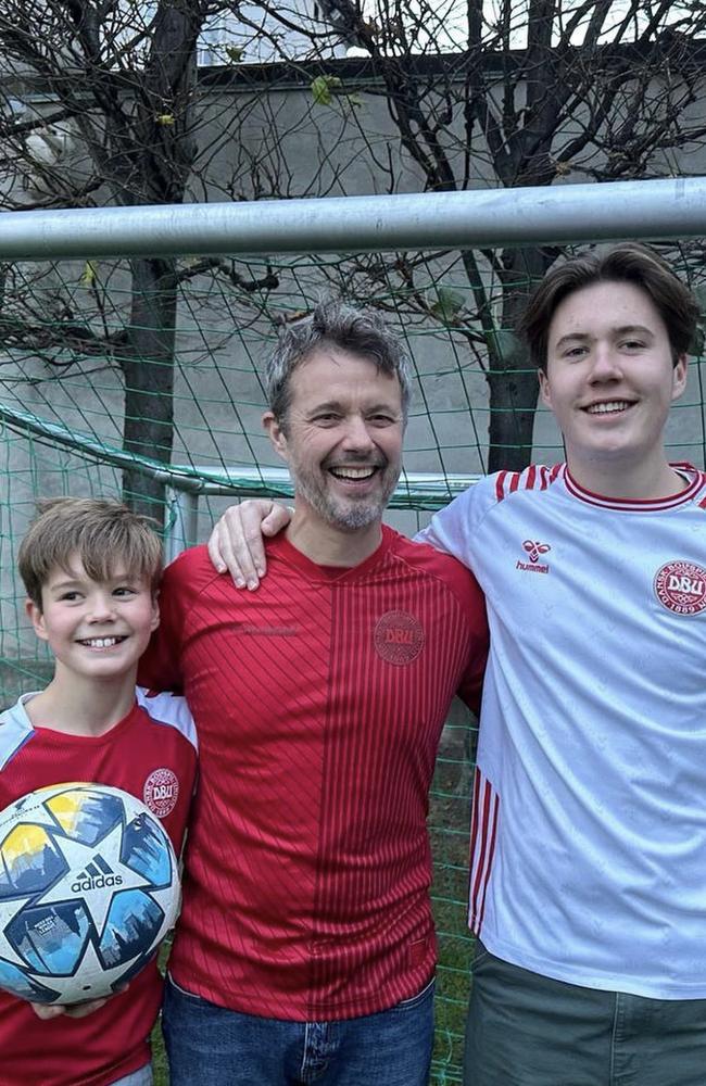 Danish royals Crown Prince Frederik with Prince Vincent and Prince Christian ahead of the Australia V Denmark game at the men's 2022 World Cup. Australia beat Denmark in the game. Picture: H.K.H. Crown Princess