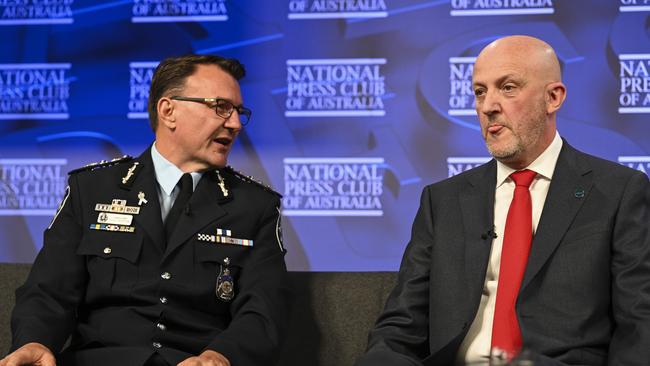 Commissioner of the Australian Federal Police Reece Kershaw and ASIO Director-General Mike Burgess at the National Press Club on Wednesday. Picture: NCA NewsWire / Martin Ollman