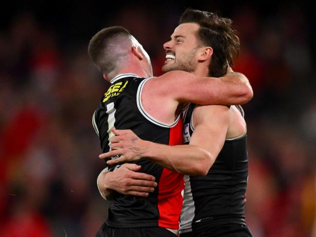 MELBOURNE, AUSTRALIA – JULY 07: Jack Higgins and Jack Sinclair of the Saints celebrate a goal during the round 17 AFL match between St Kilda Saints and Sydney Swans at Marvel Stadium, on July 07, 2024, in Melbourne, Australia. (Photo by Morgan Hancock/AFL Photos/via Getty Images)