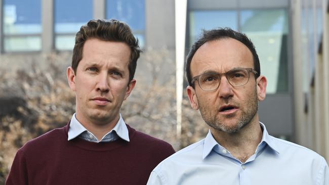 Greens housing spokesman Max Chandler-Mather and party leader Adam Bandt believe the party can push Labor into minority government at the next election. Picture: NCA NewsWire / Martin Ollman