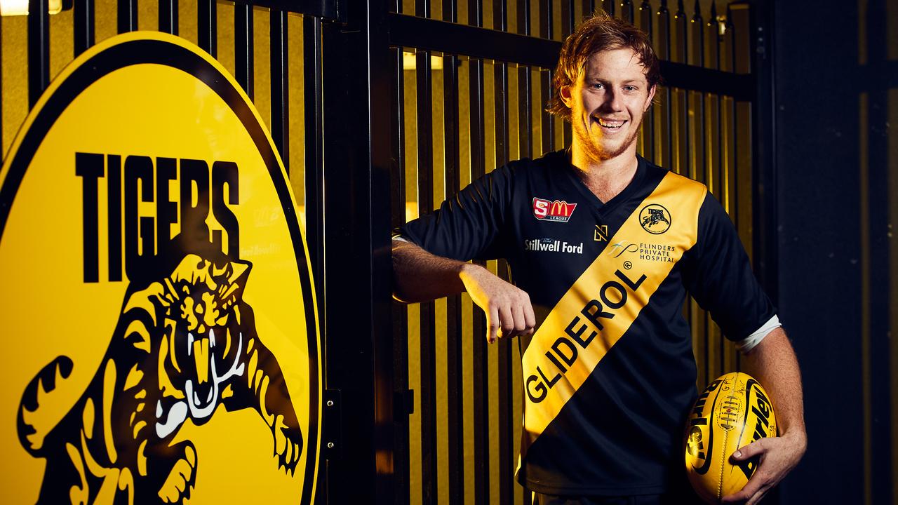 Glenelg's Josh Scott poses for a picture at Glenelg Oval, after kicking five goals against the Crows to sit second on SANFL goal kicking standings, Tuesday, May 22, 2018. (AAP Image/MATT LOXTON)