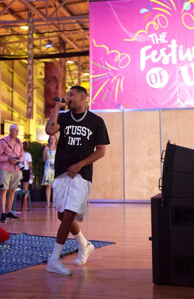 JMilla entertains the crowd at the Festival of Us celebrations on Australia Day 2023. Picture: (A)manda Parkinson