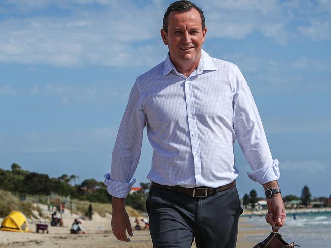 3/5/2020WA premier Mark McGowan, holding a presser and walking along Rockingham Beach.Pic Colin Murty The Australian