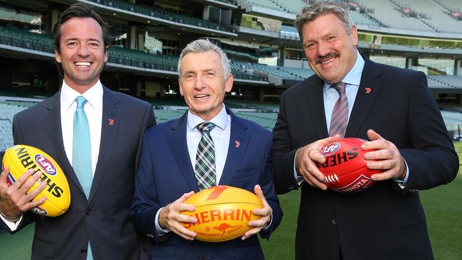 Channel 7 commentary team: Hamish McLachlan, Bruce McAvaney and Brian Taylor. Picture: Wayne Ludbey