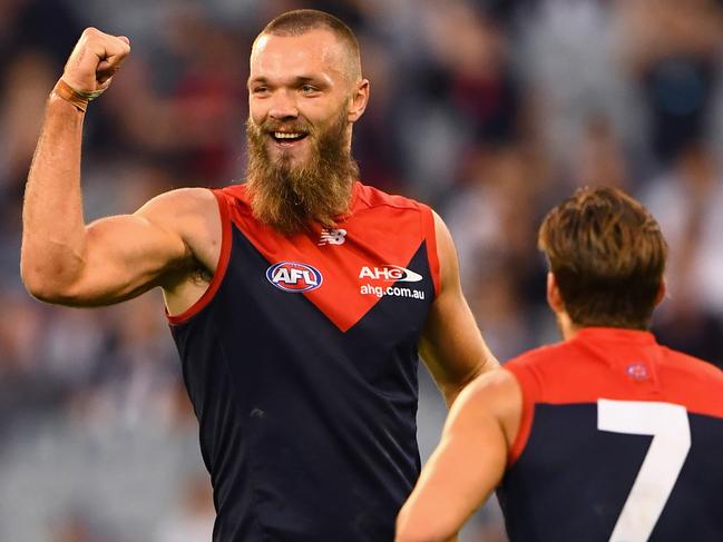 MELBOURNE, AUSTRALIA - APRIL 17: Max Gawn of the Demons celebrates after kicking a goal during the round four AFL match between the Collingwood Magpies and the Melbourne Demons at Melbourne Cricket Ground on April 17, 2016 in Melbourne, Australia. (Photo by Quinn Rooney/Getty Images)