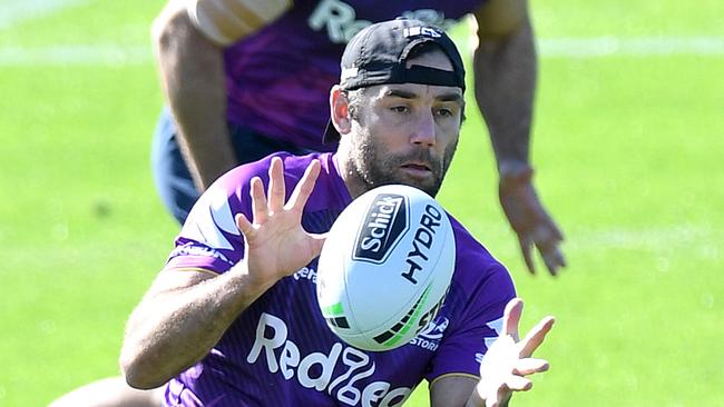 Cameron Smith will be looking for his 300th NRL win when the Storm play the Raiders on Saturday night. Picture: Getty Images