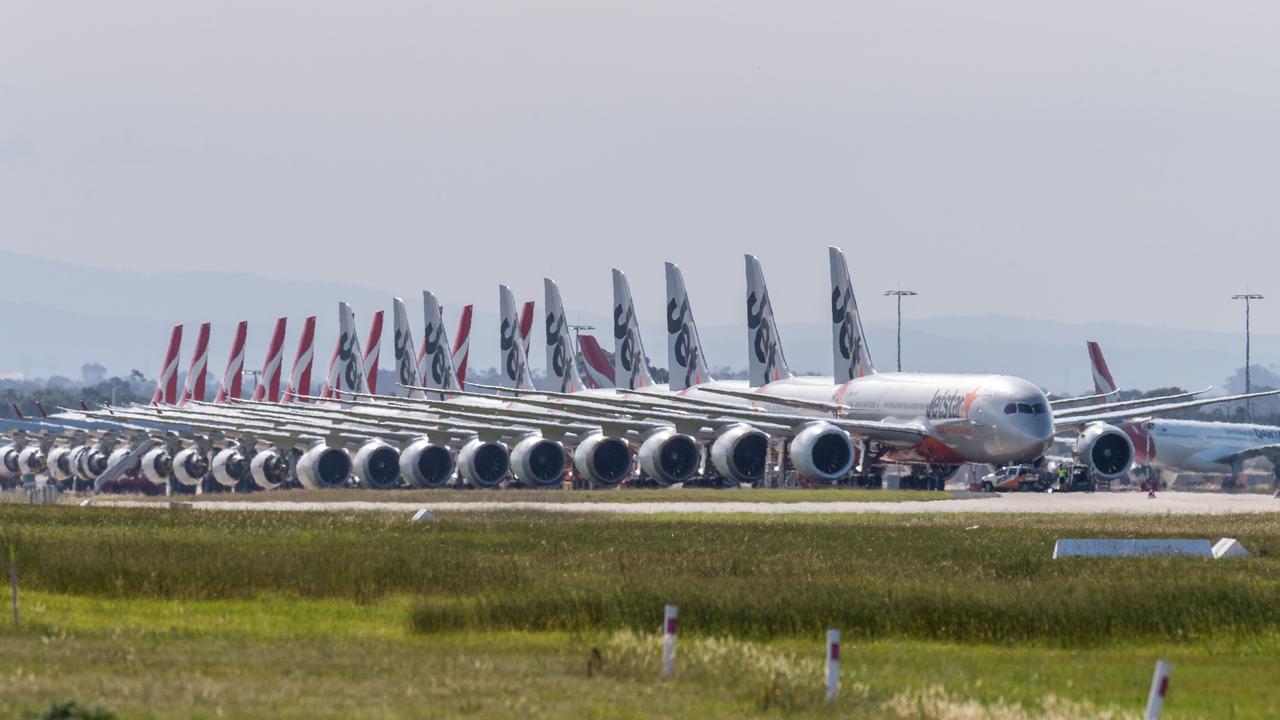 Qantas and Jetstar planes were grounded at Avalon Airport during the initial lockdown. Picture: Jake Nowakowski