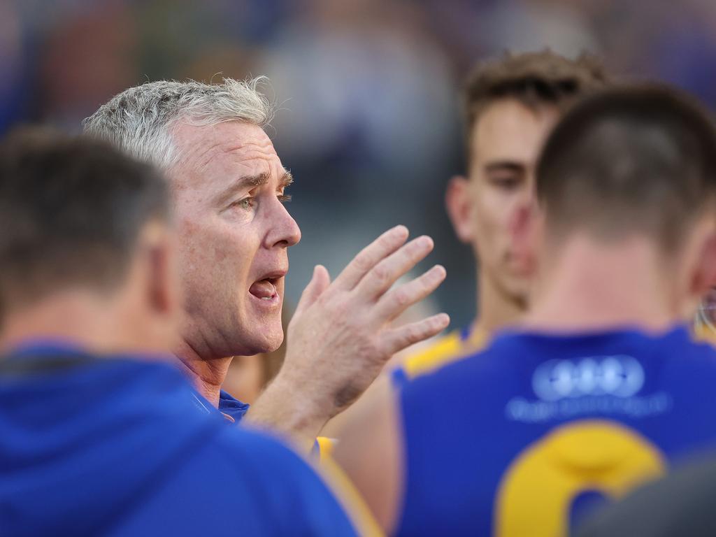 Adam Simpson speaks to the Eagles at the three quarter time break. Picture: Will Russell/AFL Photos via Getty Images.