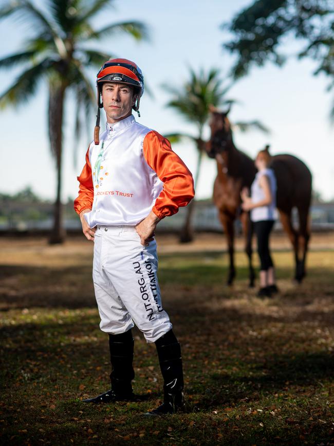 Jockey Stan Tsaikos with Hattan Man. He'll be wearing special silks for the commemorative race that honours Melanie Tyndall who died when she fell off her horse during a race in Darwin in 2019. Picture: Che Chorley